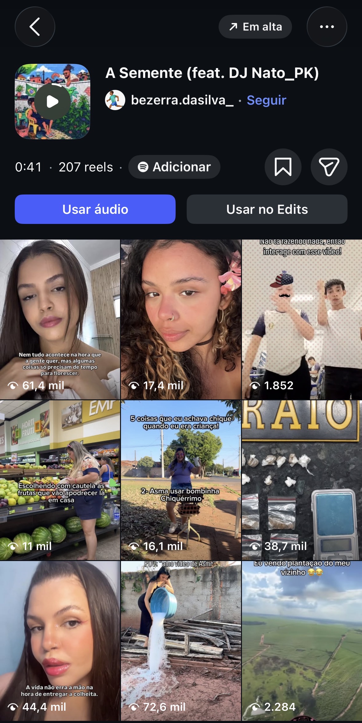 Página do áudio de A Semente no Instagram indicando 207 Reels